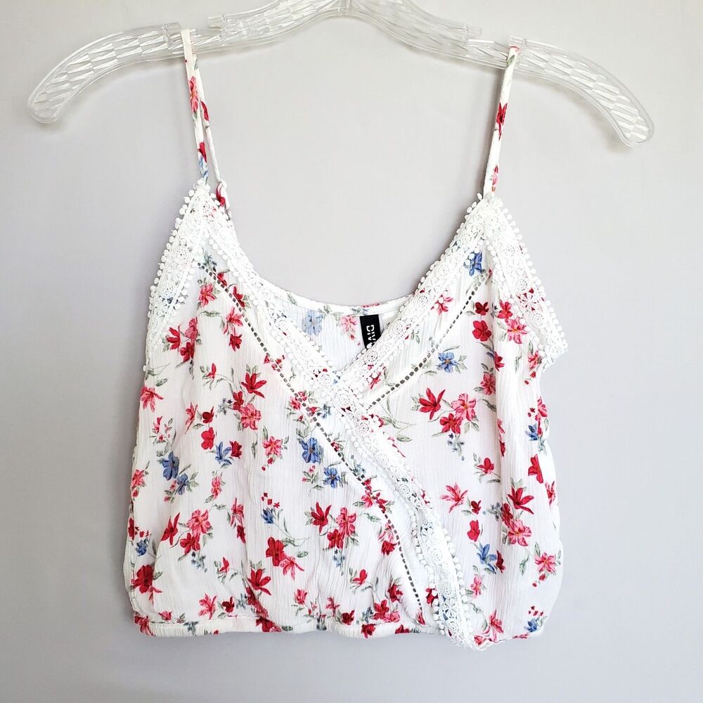 Divided Women Babydoll Cami XS/2 Tank Top Ditzy Floral Lace Y2K Dainty Mock Wrap